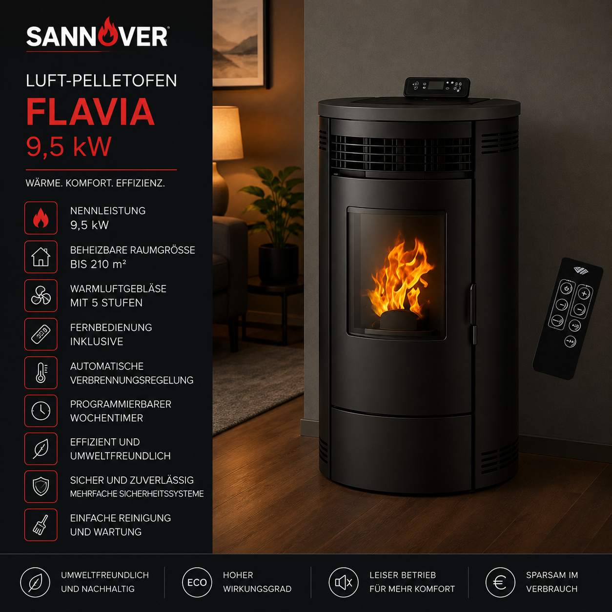 Sannover Luft-Pelletofen Flavia 9,5 kW Schwarz