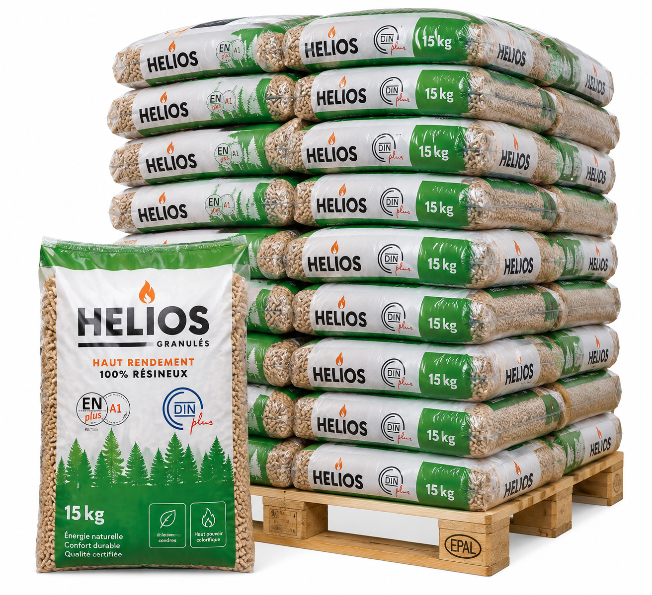 Helios Holzpellets – 65 × 15 kg Palette – 100 % Nadelholz, ENplus A1 & DINplus