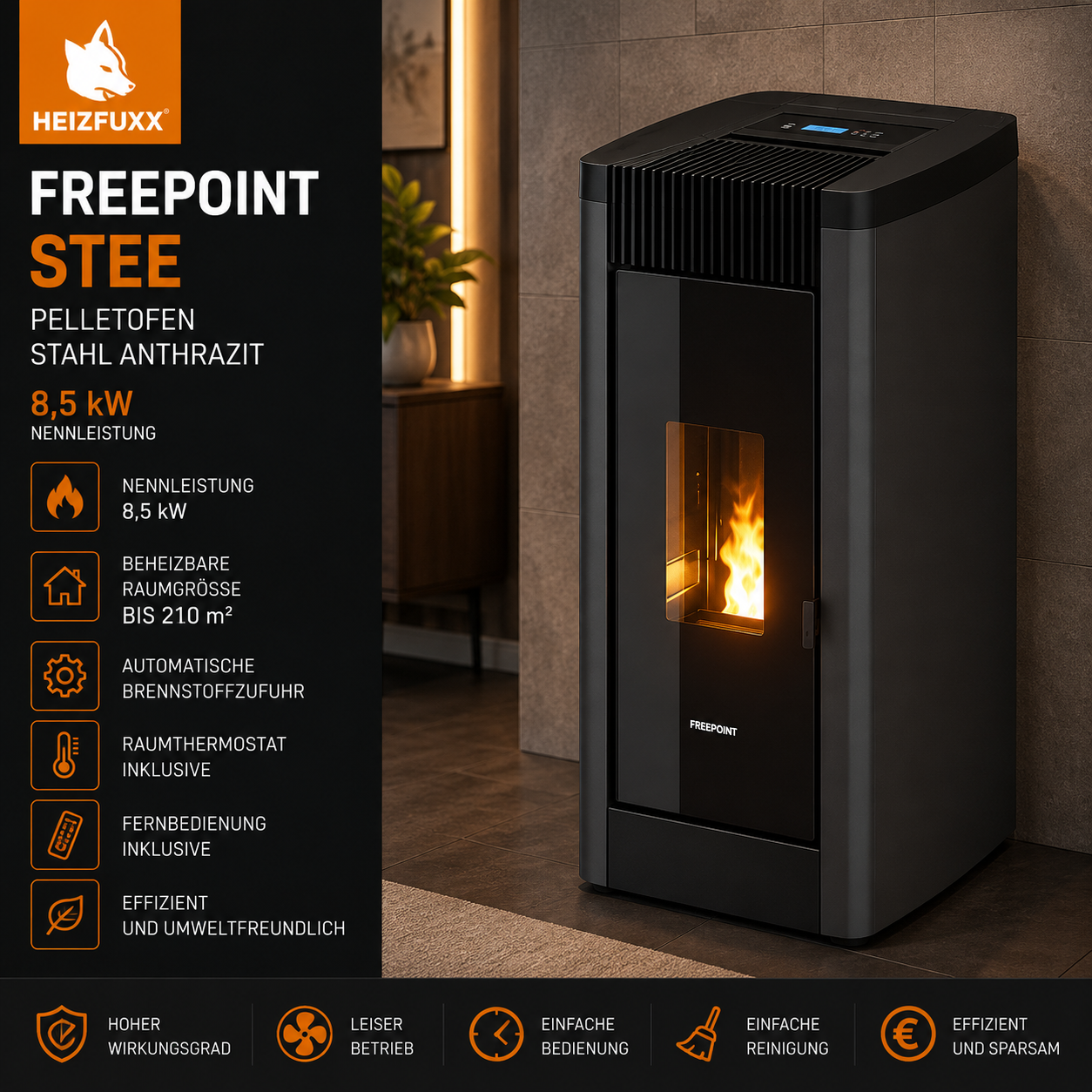 Freepoint Pelletofen STEE Stahl Anthrazit 8,5 kW
