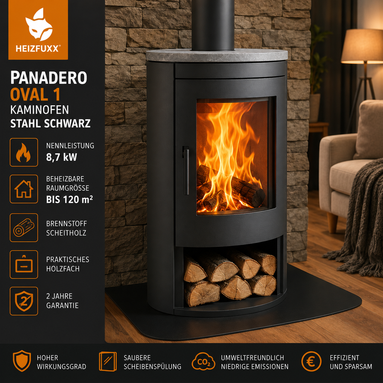 Panadero Oval 1 Kaminofen Stahl Schwarz 8,7 kW