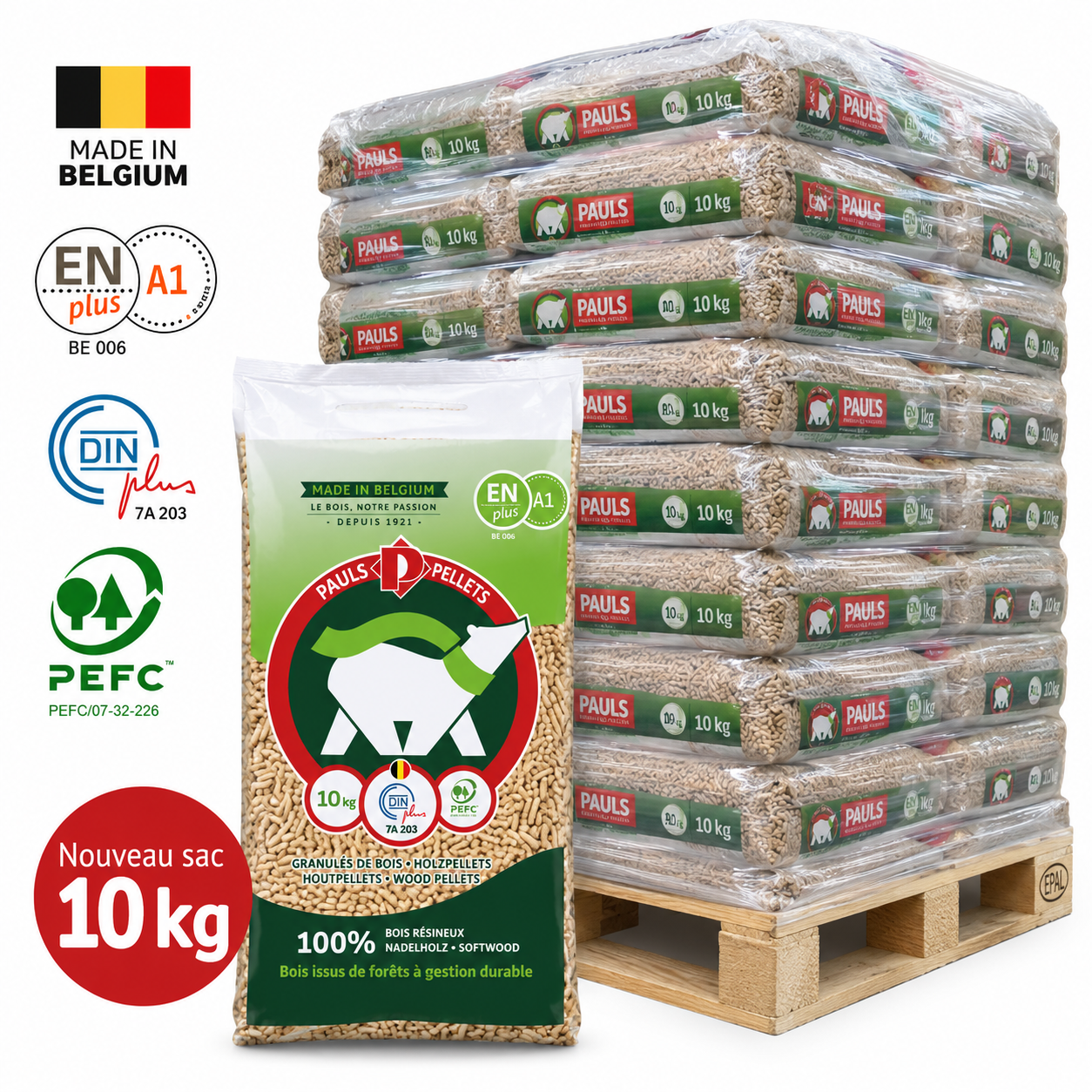 PAULS Holzpellets – 104 × 10 kg Palette (1040 kg) – 100 % Nadelholz, PEFC