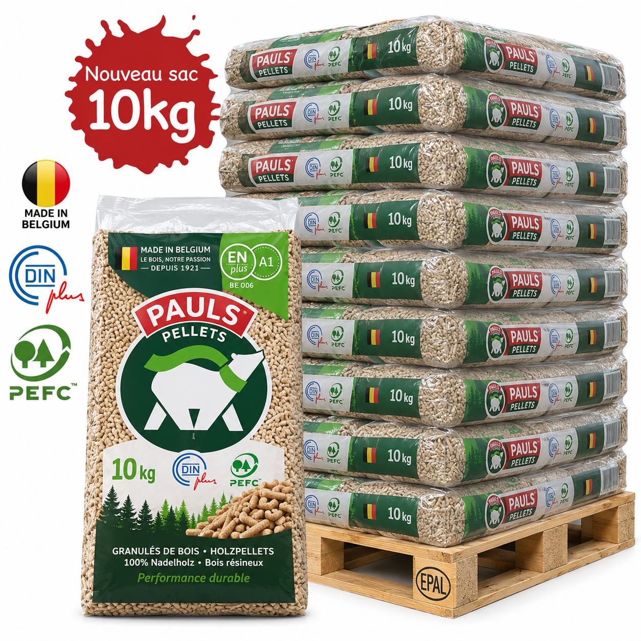 PAULS Holzpellets – 104 × 10 kg Palette (1040 kg) – 100 % Nadelholz, PEFC