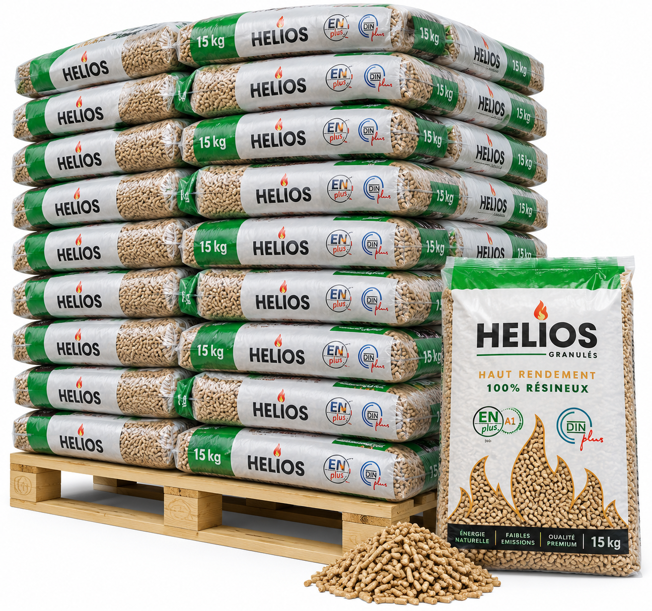 Helios Holzpellets – 65 × 15 kg Palette – 100 % Nadelholz, ENplus A1 & DINplus