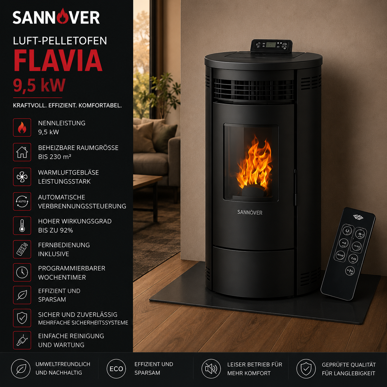 Sannover Luft-Pelletofen Flavia 9,5 kW Schwarz