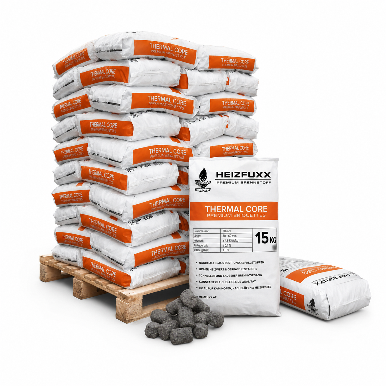 Heizfuxx BBQ-Buchenholzbriketts 18kg x 36 Gebinde 648kg Palette