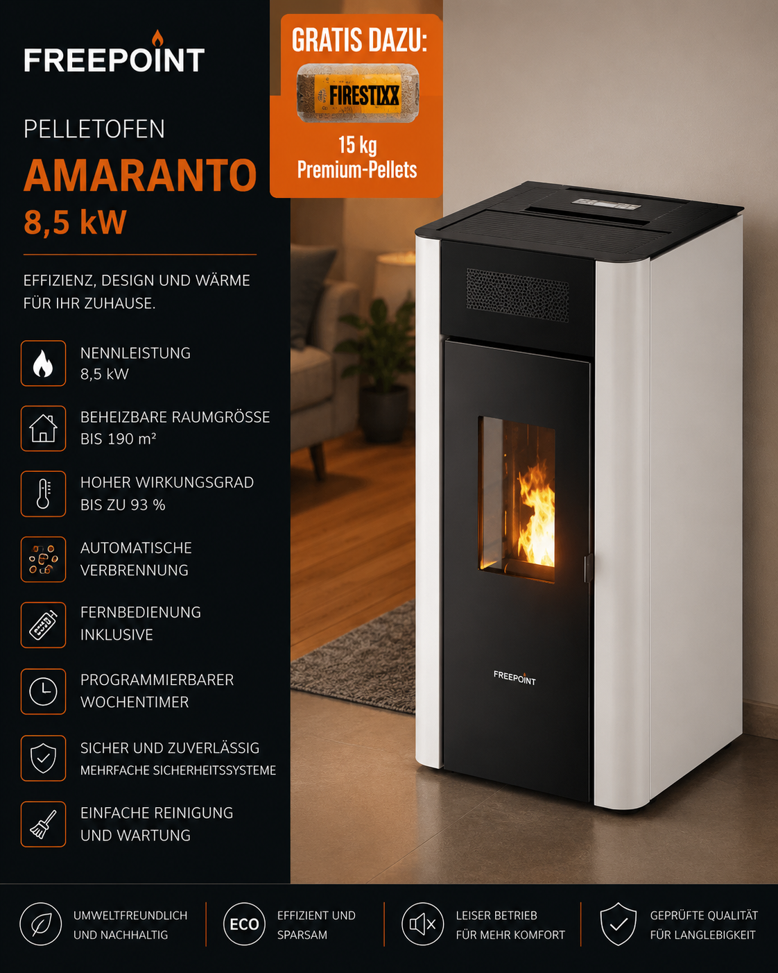 Freepoint Pelletofen Amaranto Stahl Weiß 8,5 kW
