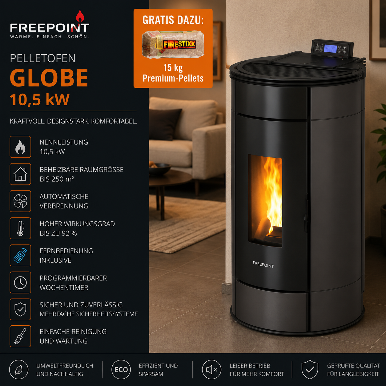 Freepoint Pelletofen Globe Stahl Anthrazit 10,5 kW mit Automatik