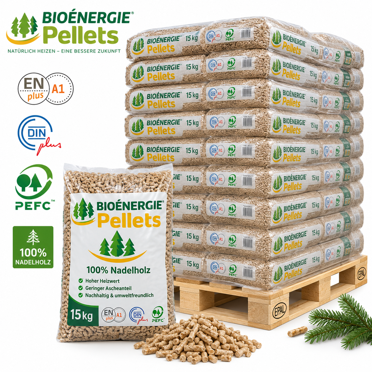 Bio Énergie Holzpellets – 66 × 15 kg Palette – 100 % Nadelholz, ENplus A1 & DINplus & PEFC