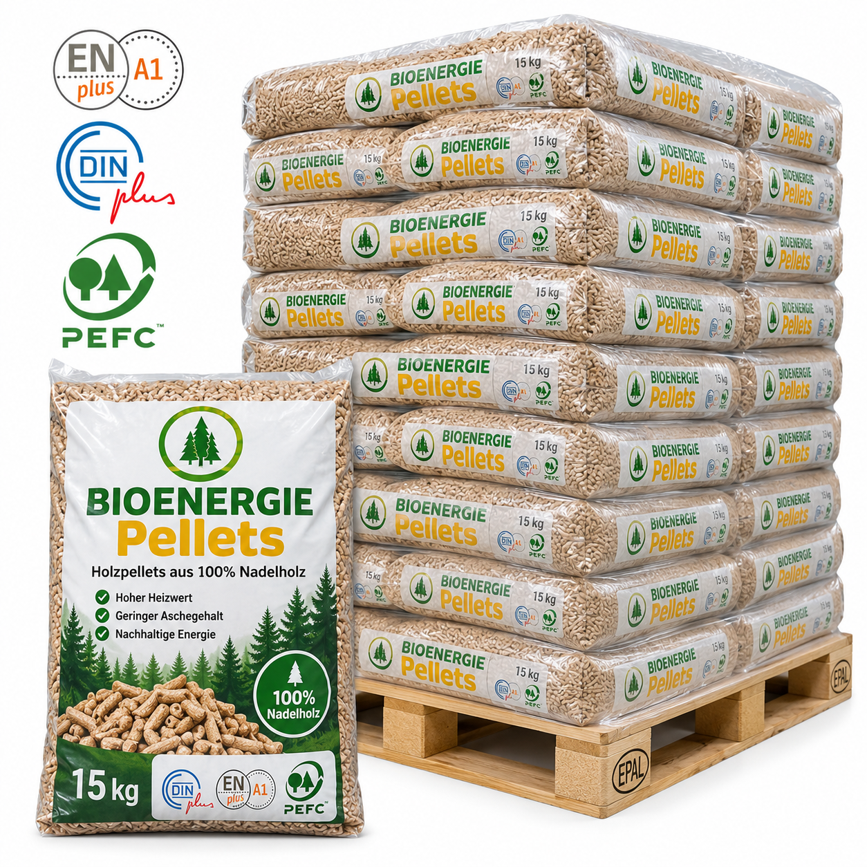 Bio Énergie Holzpellets – 66 × 15 kg Palette – 100 % Nadelholz, ENplus A1 & DINplus & PEFC