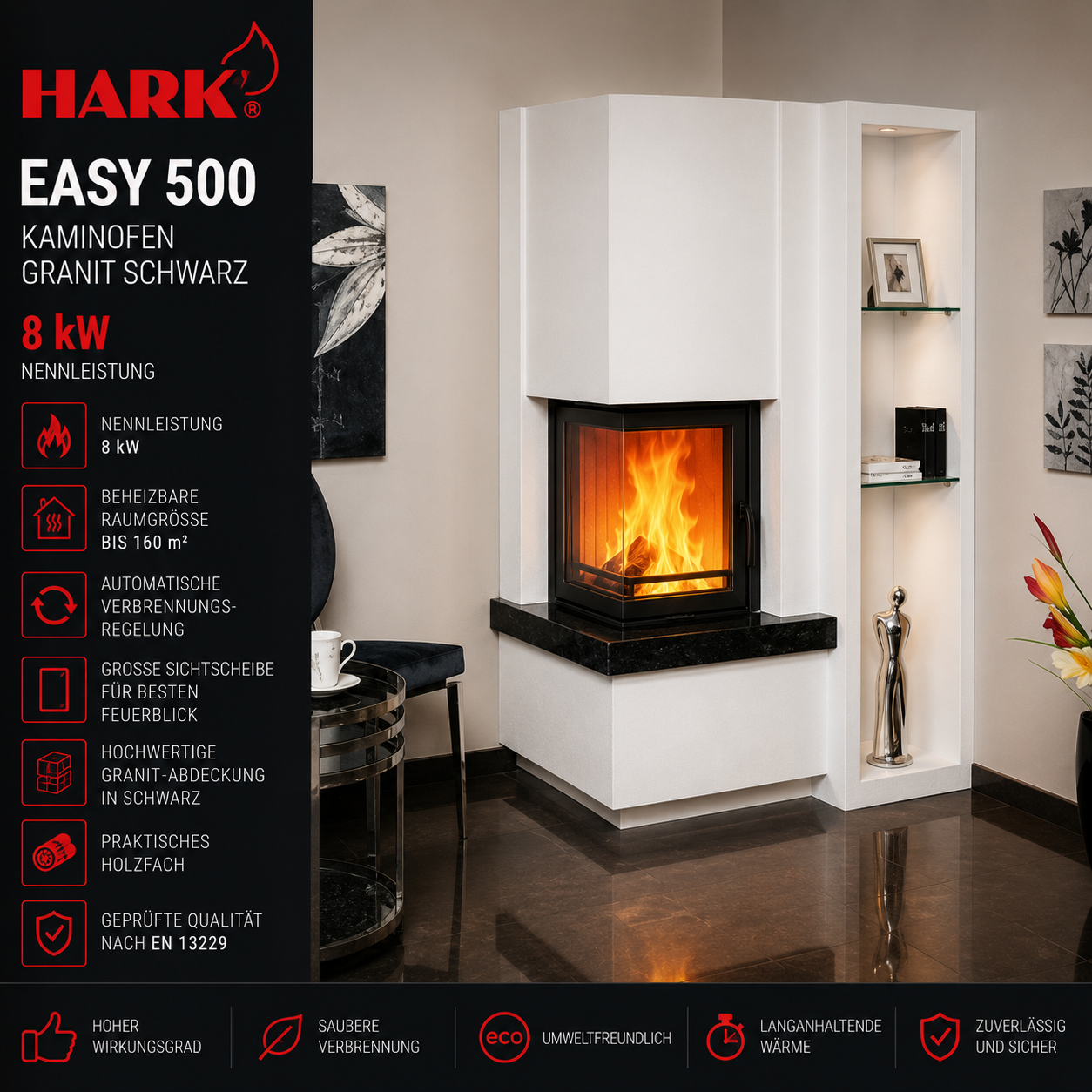 Hark Easy 500 Kaminofen Granit Schwarz 8 kW mit Automatik
