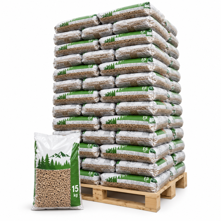 Pyrénées Holzpellets – 65 × 15 kg Palette (975 kg) – 100 % Nadelholz, DINplus