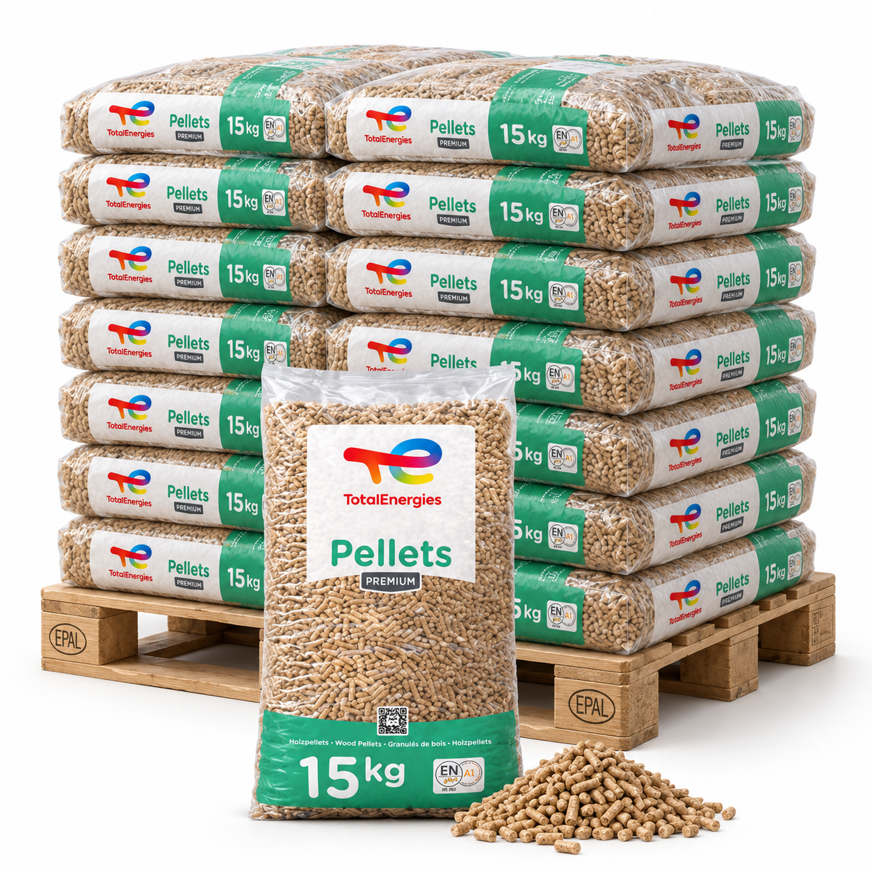 TotalEnergies Holzpellets – 15 kg Sack – 100 % Nadelholz, ENplus A1
