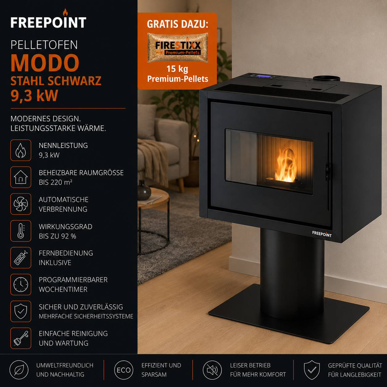 Freepoint Pelletofen Modo Stahl Schwarz 9,3 kW