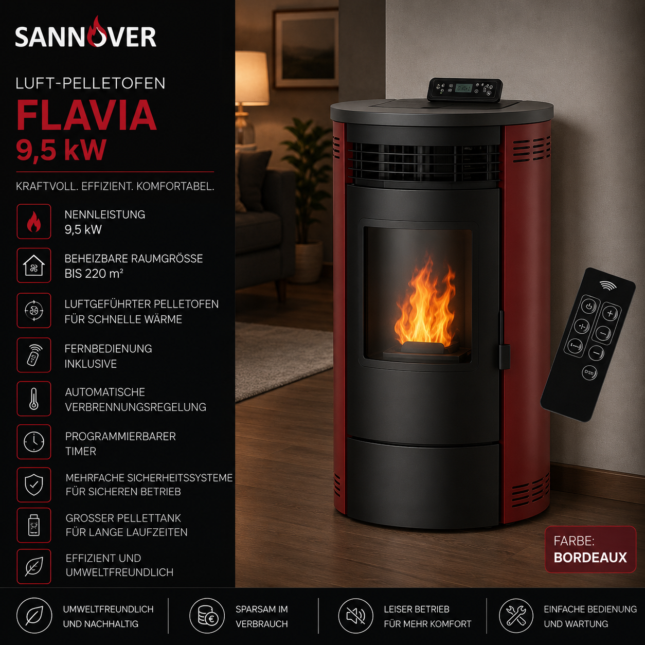 Sannover Luft-Pelletofen Flavia 9,5 kW Bordeaux