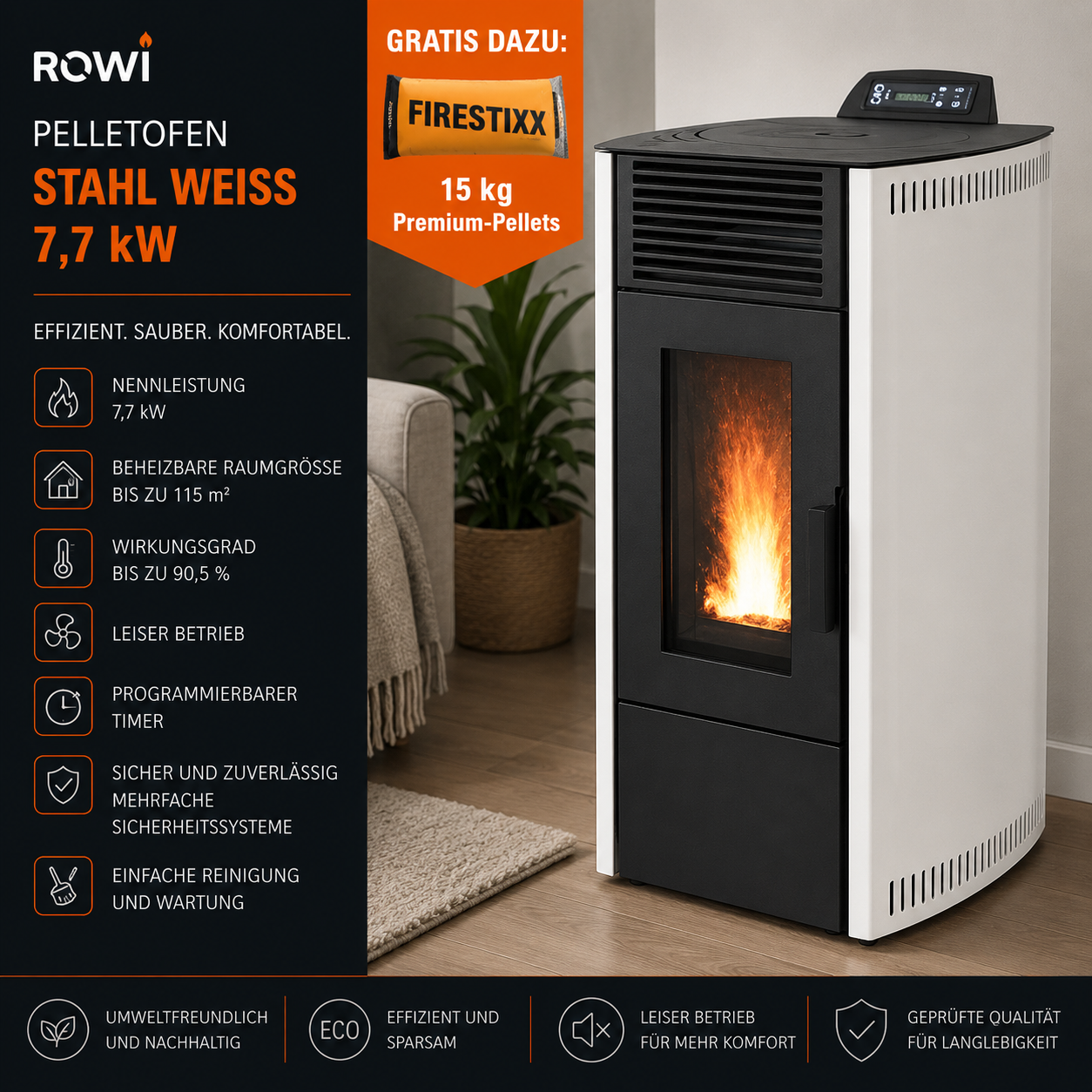 Rowi Pelletofen Stahl Weiß 7,7 kW