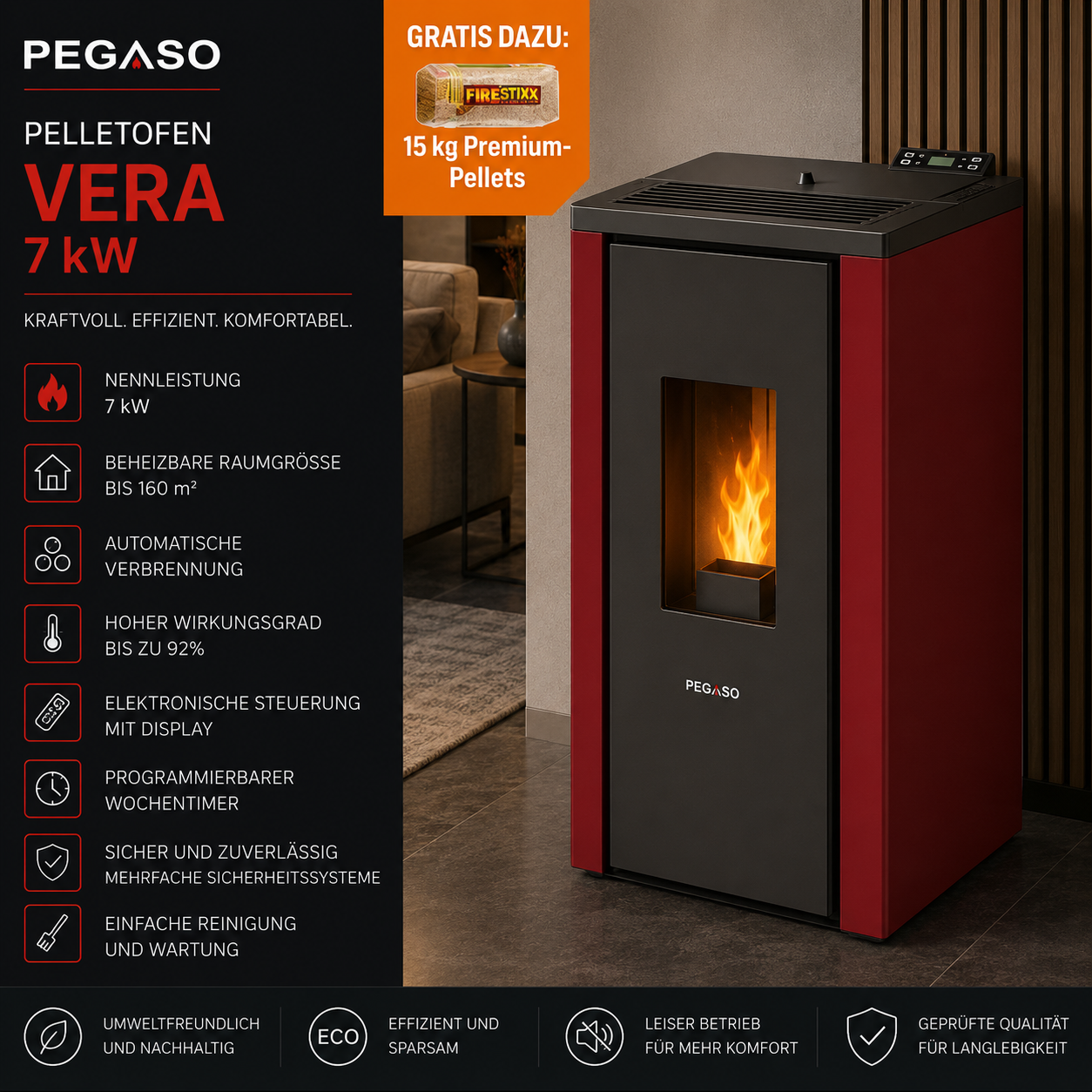 PEGASO Pelletofen Vera Stahl Bordeaux 7 kW mit Automatik