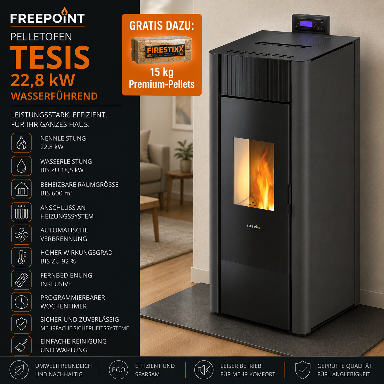 Freepoint Pelletofen Tesis Stahl Anthrazit 22,8 kW wasserführend