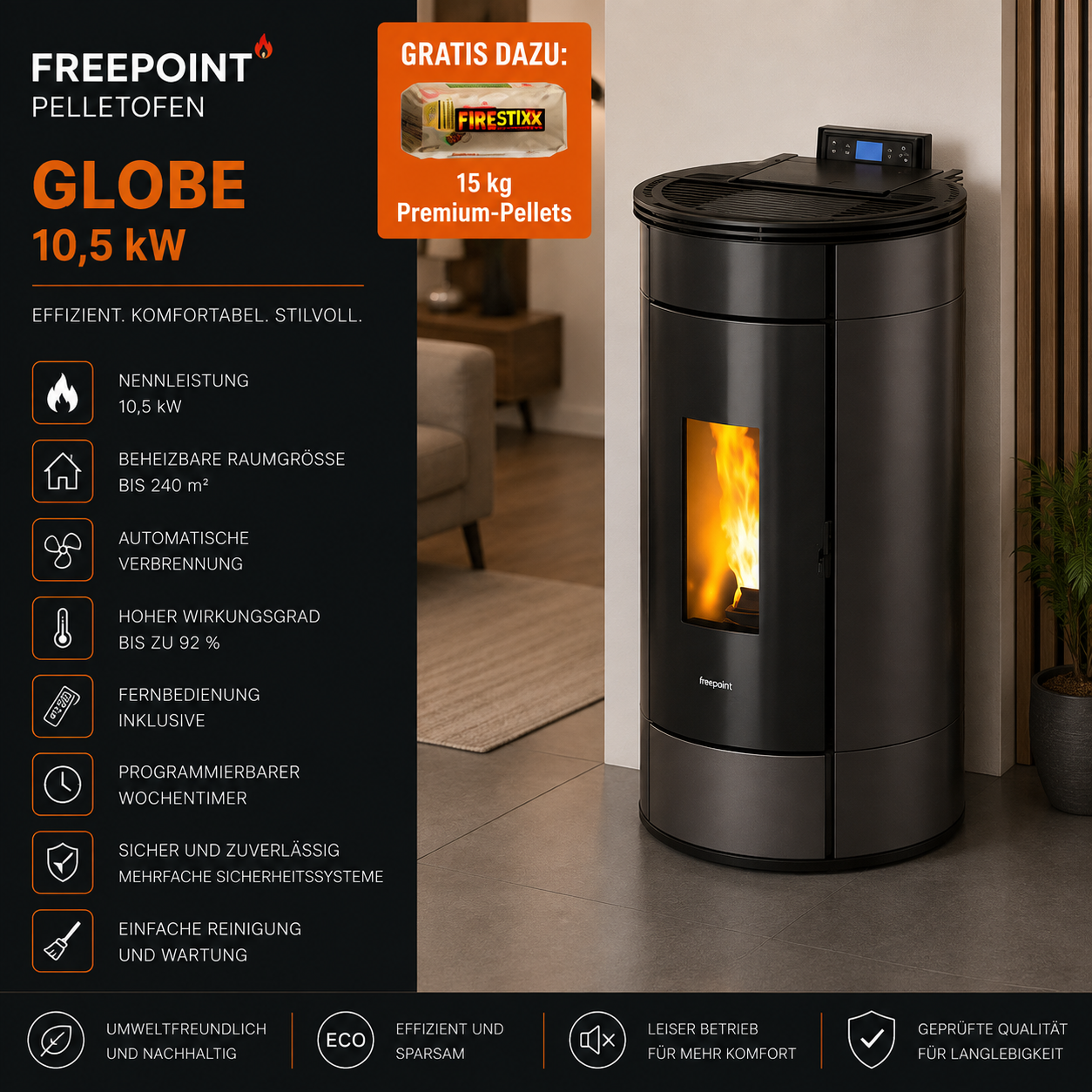 Freepoint Pelletofen Globe Stahl Anthrazit 10,5 kW mit Automatik