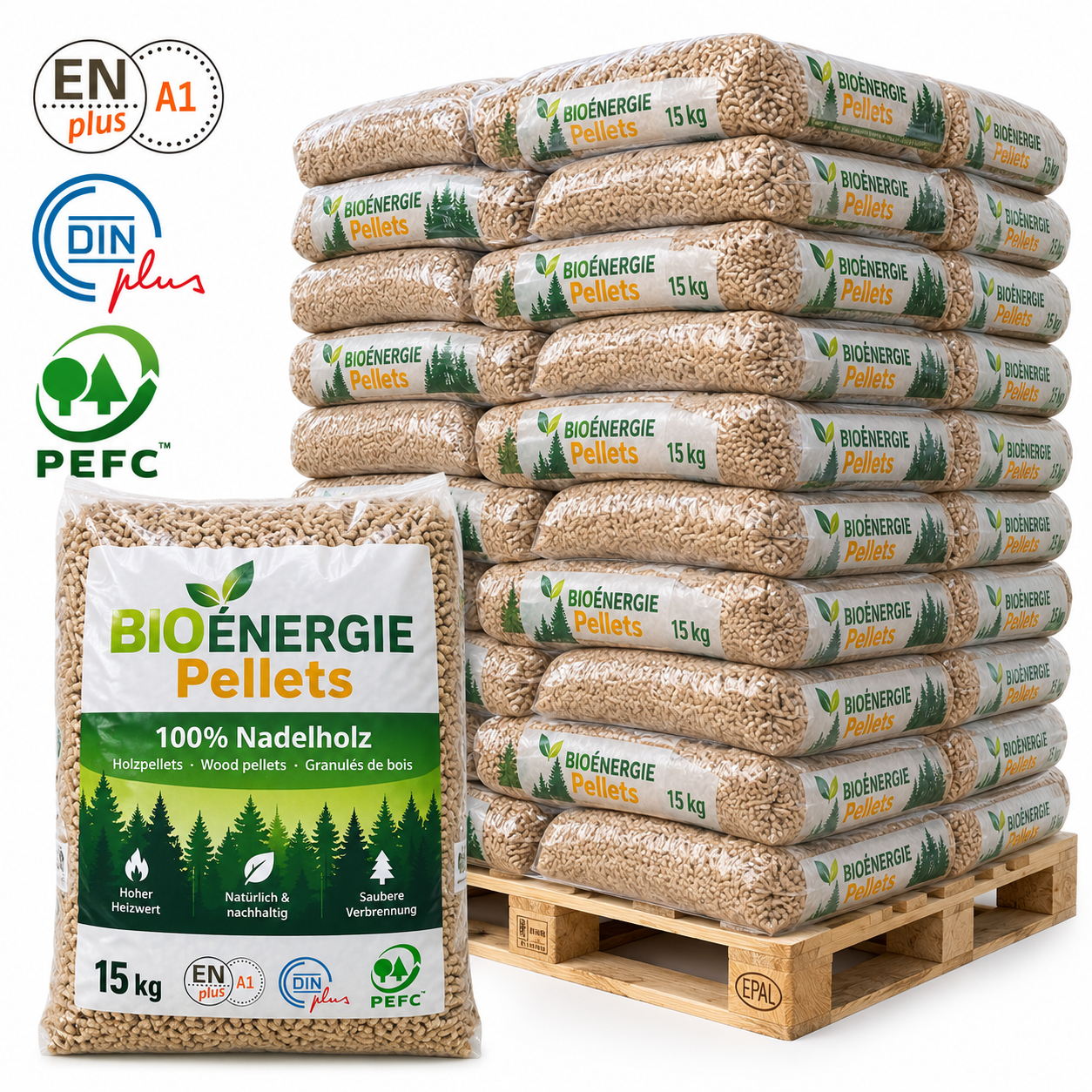 Bio Énergie Holzpellets – 66 × 15 kg Palette – 100 % Nadelholz, ENplus A1 & DINplus & PEFC