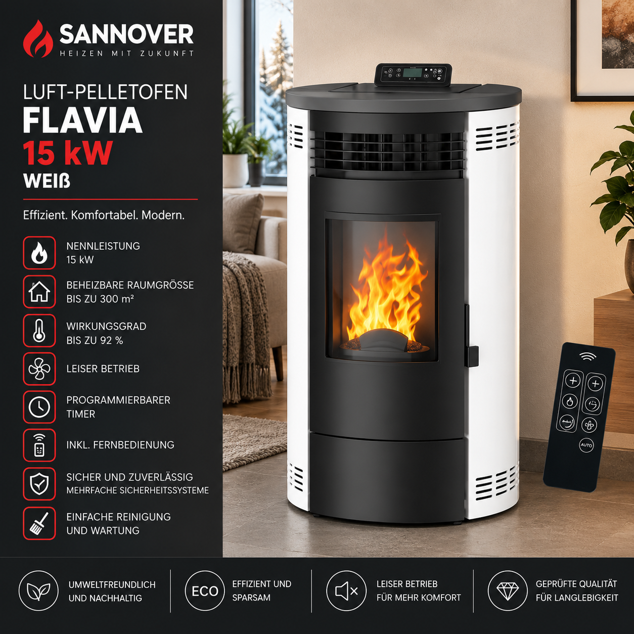 Sannover Luft-Pelletofen Flavia 15 kW Weiß