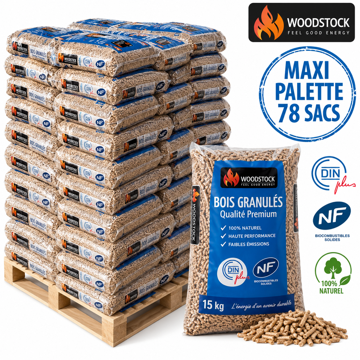 WOODSTOCK Holzpellets – 78-Sack-Palette – 100 % Nadelholz, DINplus & NF