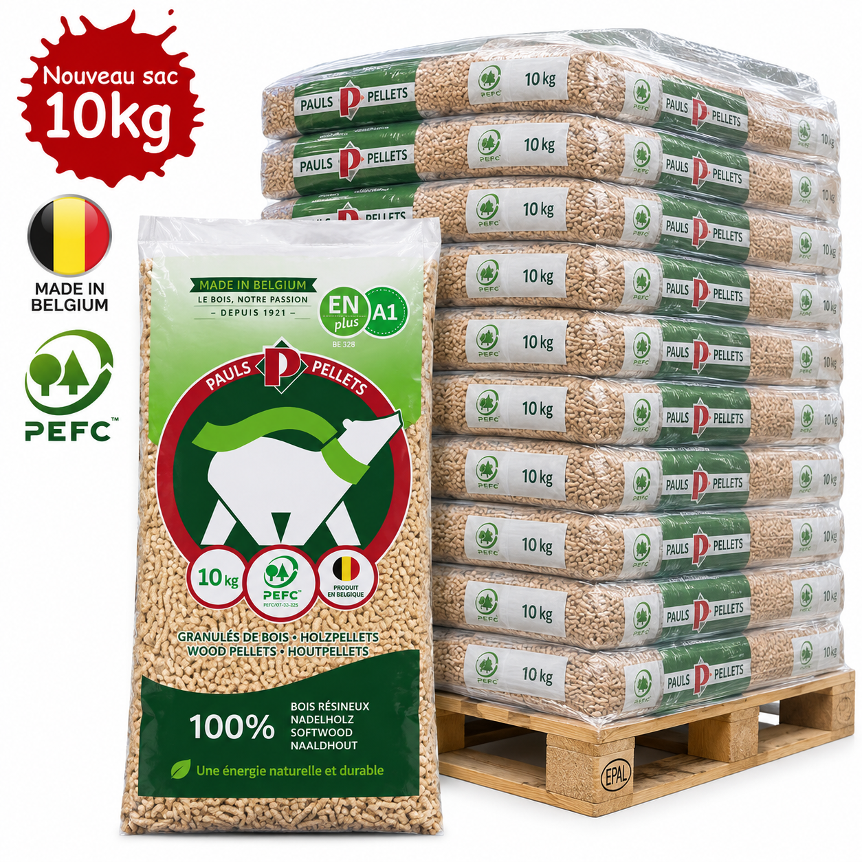 PAULS Holzpellets – 104 × 10 kg Palette (1040 kg) – 100 % Nadelholz, PEFC