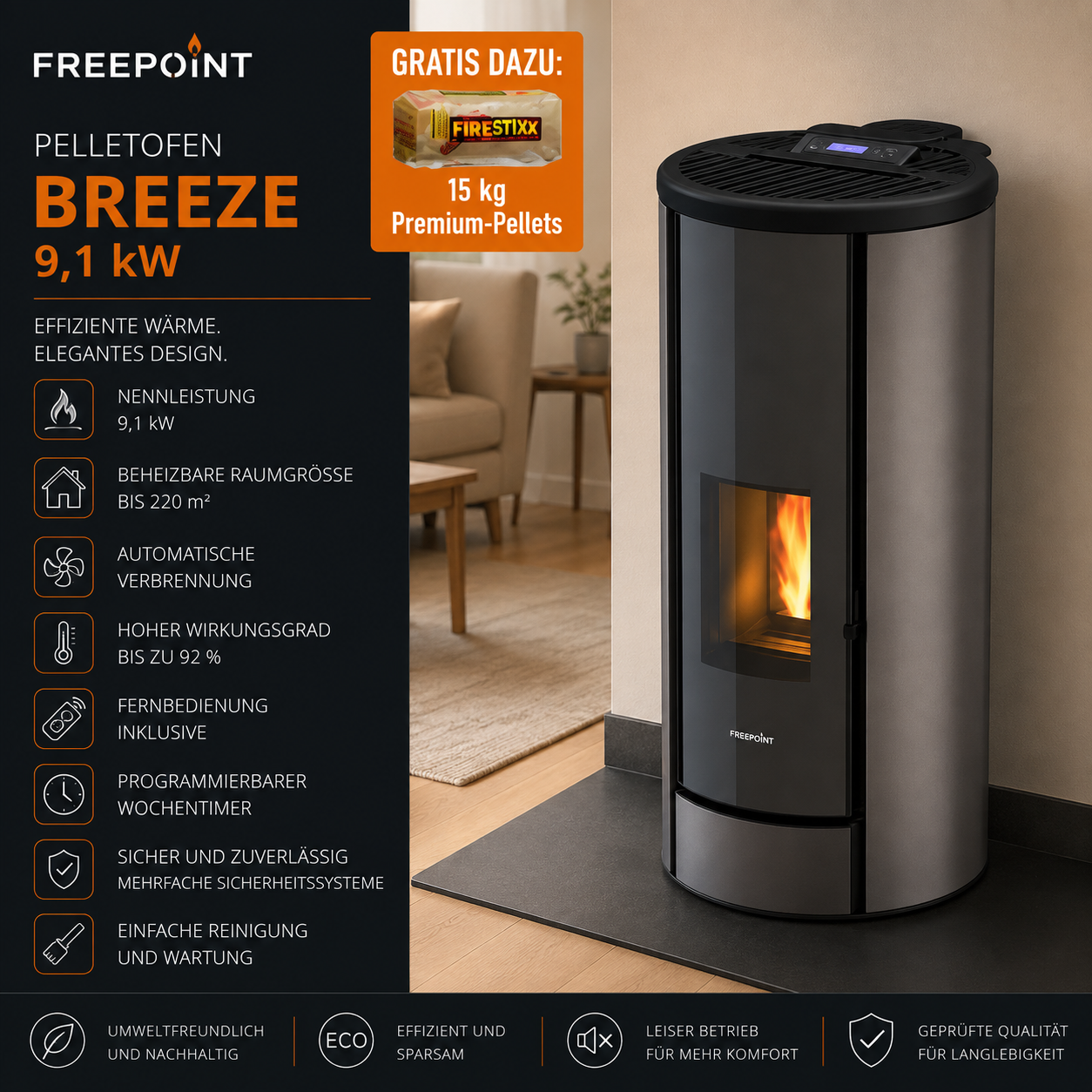 Freepoint Pelletofen Breeze Stahl Titan 9,1 kW mit Automatik