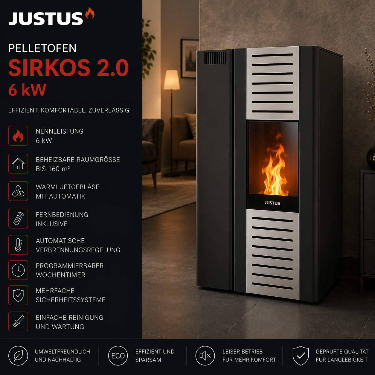 Justus Pelletofen Sirkos 2.0 Stahl Schwarz 6 kW mit Automatik