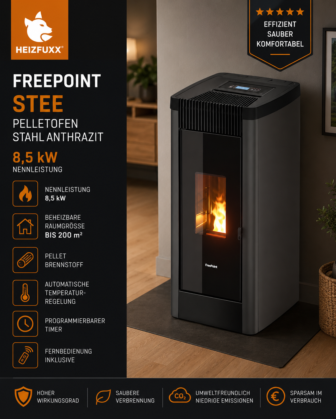 Freepoint Pelletofen STEE Stahl Anthrazit 8,5 kW