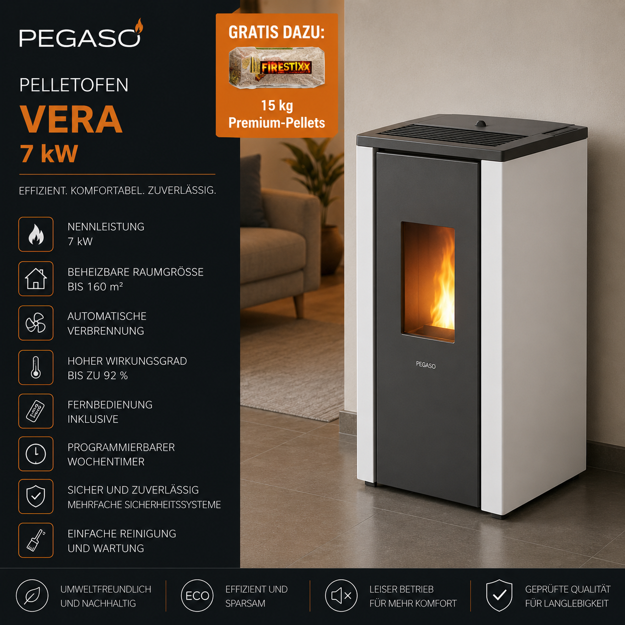 PEGASO Pelletofen Vera Stahl Weiß 7 kW mit Automatik