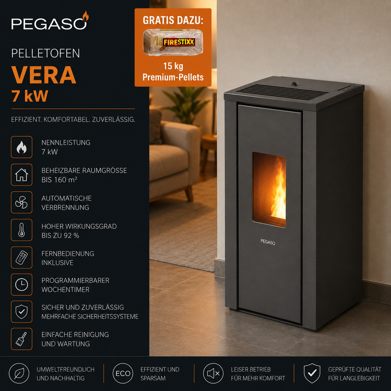PEGASO Pelletofen Vera Stahl Anthrazit 7 kW mit Automatik