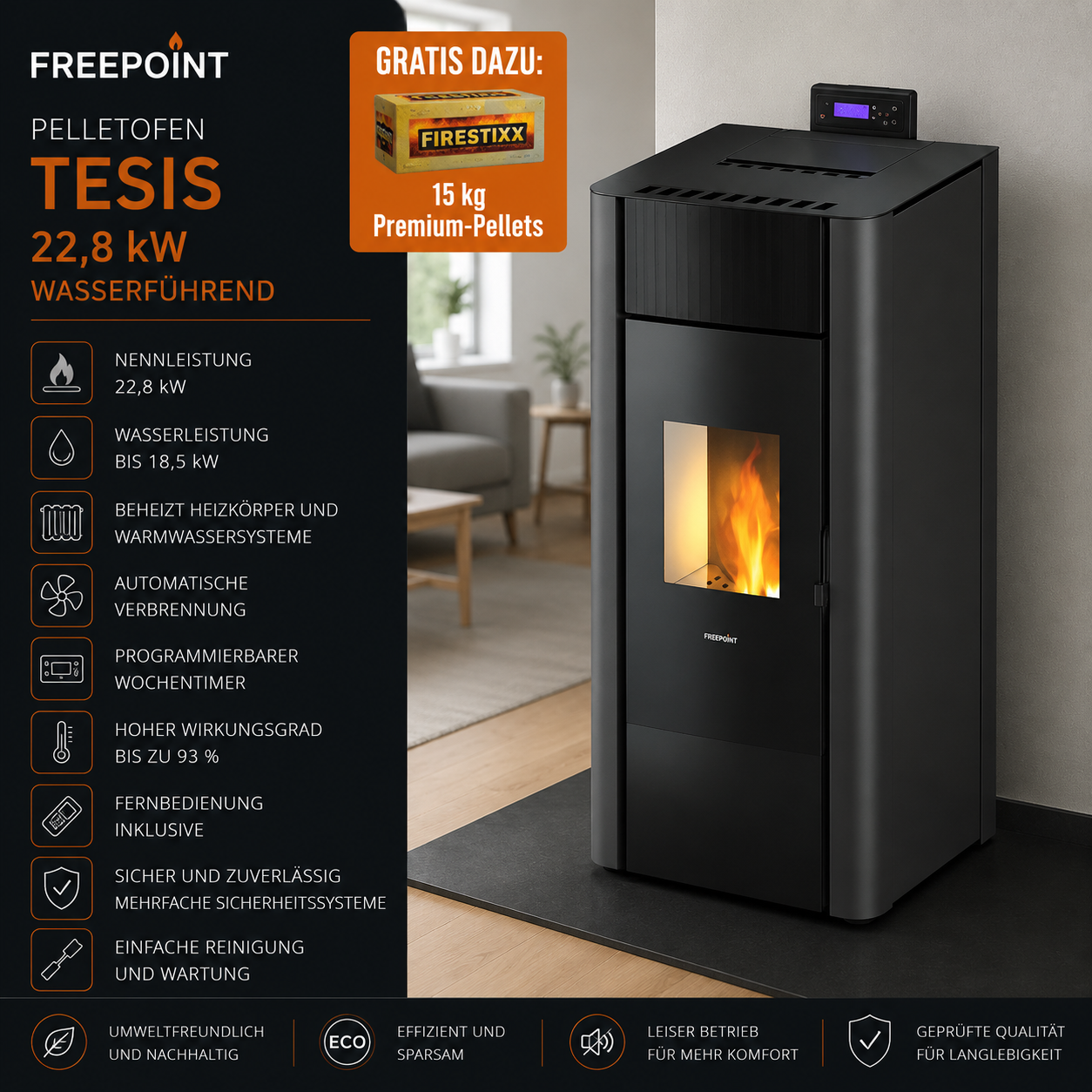 Freepoint Pelletofen Tesis Stahl Anthrazit 22,8 kW wasserführend