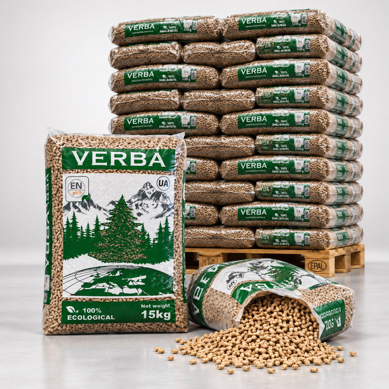 Verba Holzpellets – 70 × 15 kg Palette (1.050 kg) – 100 % Nadelholz, ENplus A1