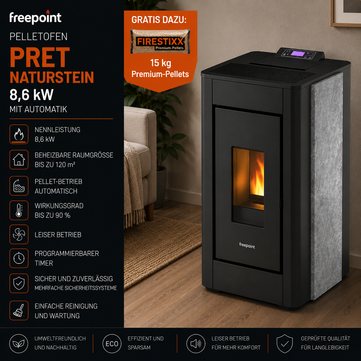 Freepoint Pelletofen Pret Naturstein 8,6 kW mit Automatik