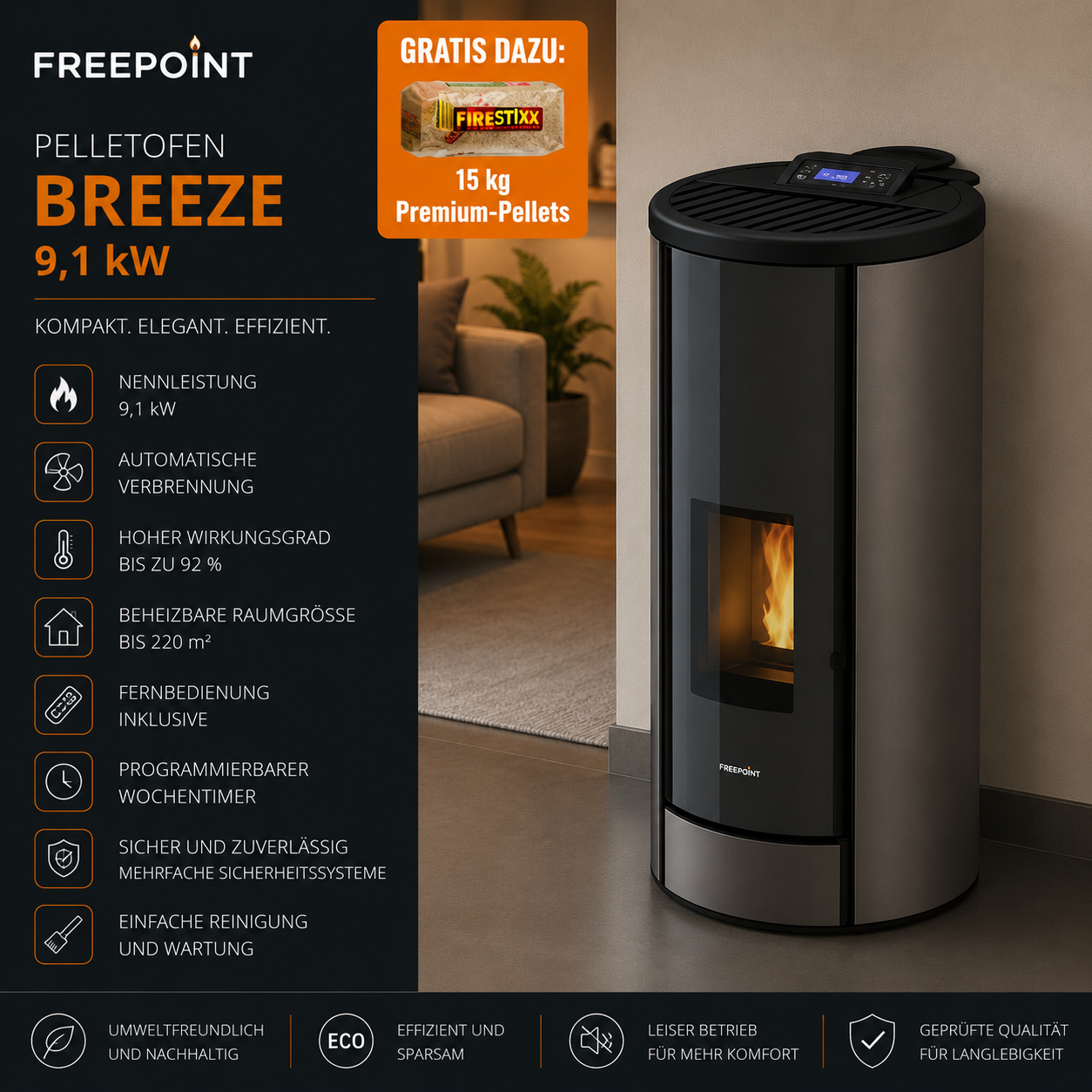 Freepoint Pelletofen Breeze Stahl Titan 9,1 kW mit Automatik