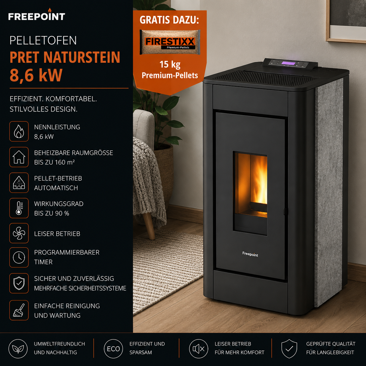 Freepoint Pelletofen Pret Naturstein 8,6 kW mit Automatik