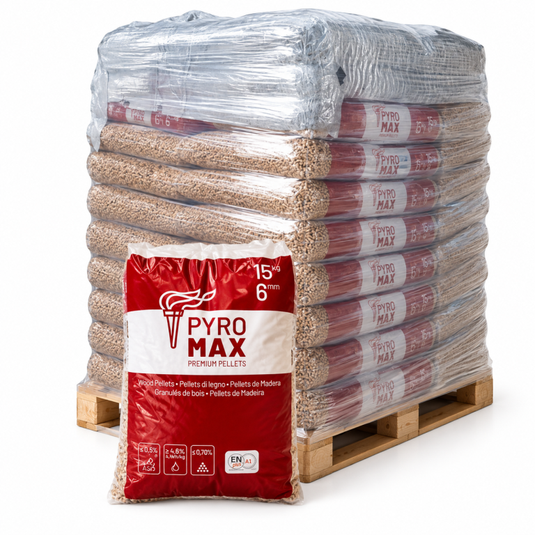 PYRO MAX Holzpellets – 78 × 15 kg Palette (1.170 kg) – 100 % Nadelholz, ENplus A1