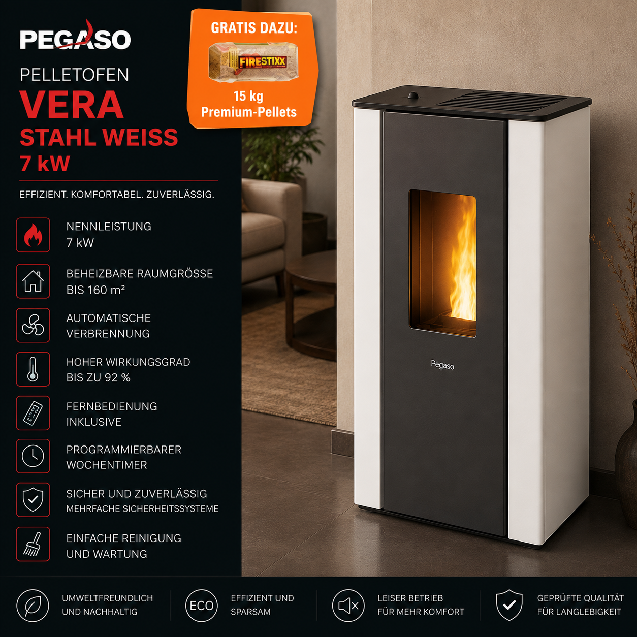 PEGASO Pelletofen Vera Stahl Weiß 7 kW mit Automatik