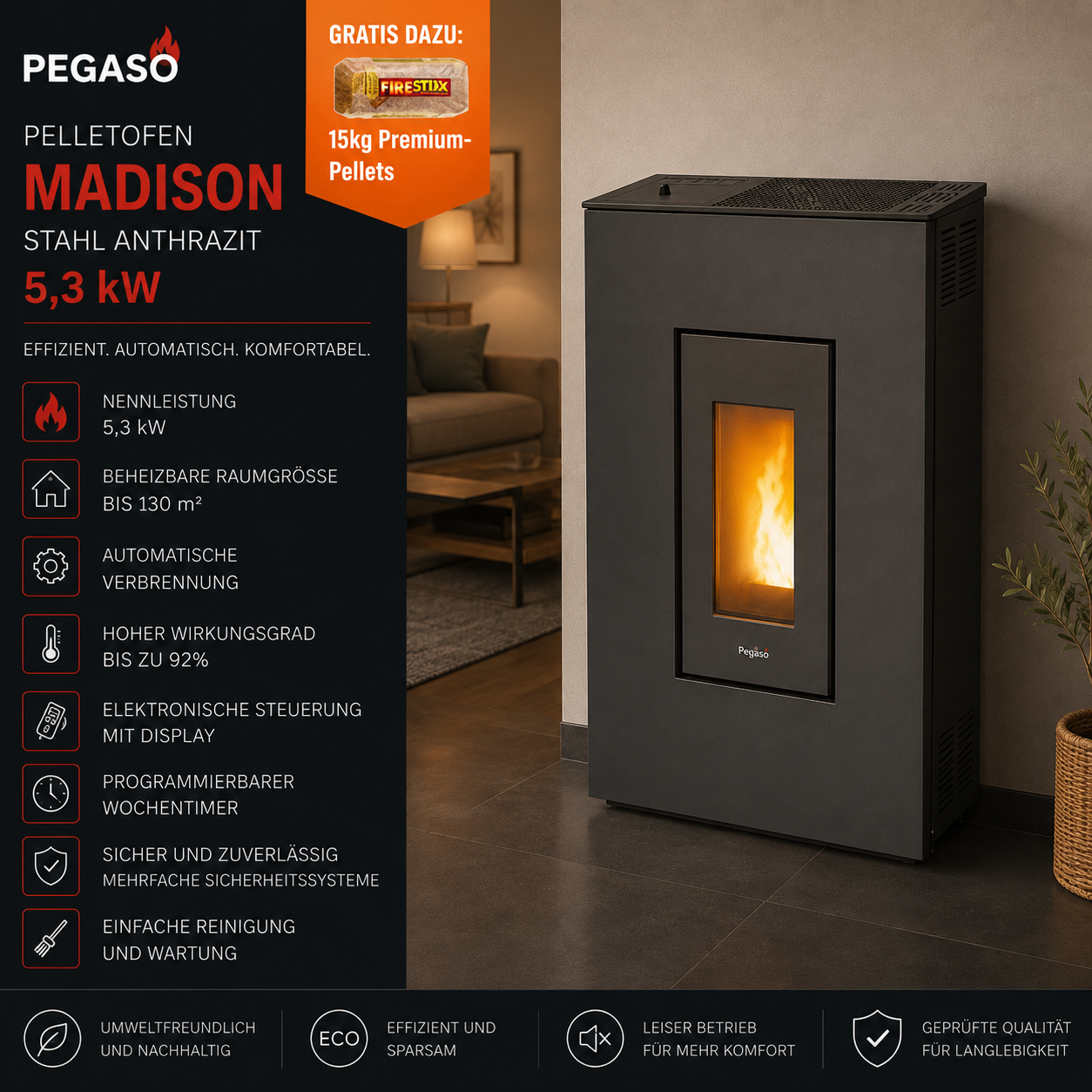 PEGASO Pelletofen Madison Stahl Anthrazit 5,3 kW mit Automatik