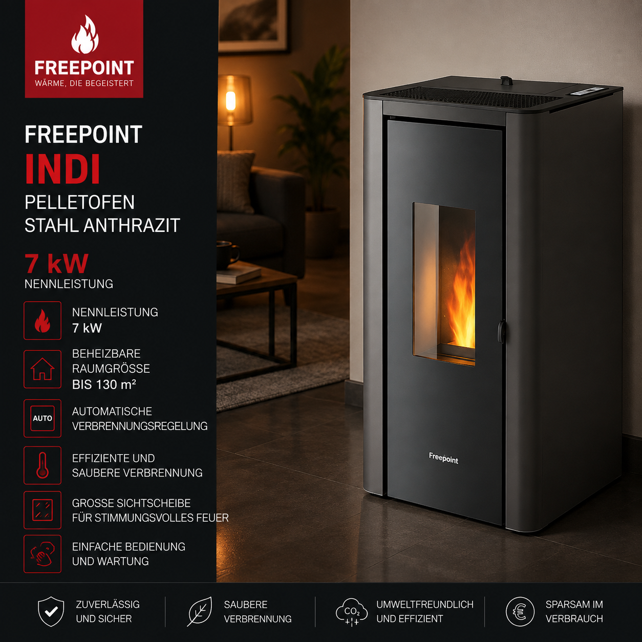 Freepoint Pelletofen Indi Stahl Anthrazit 7 kW