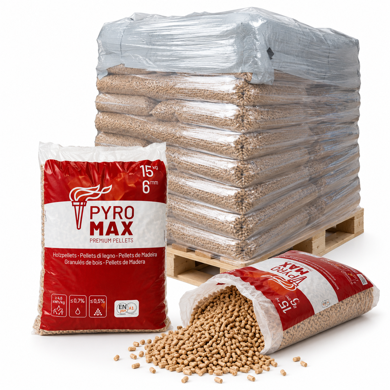 PYRO MAX Holzpellets – 78 × 15 kg Palette (1.170 kg) – 100 % Nadelholz, ENplus A1