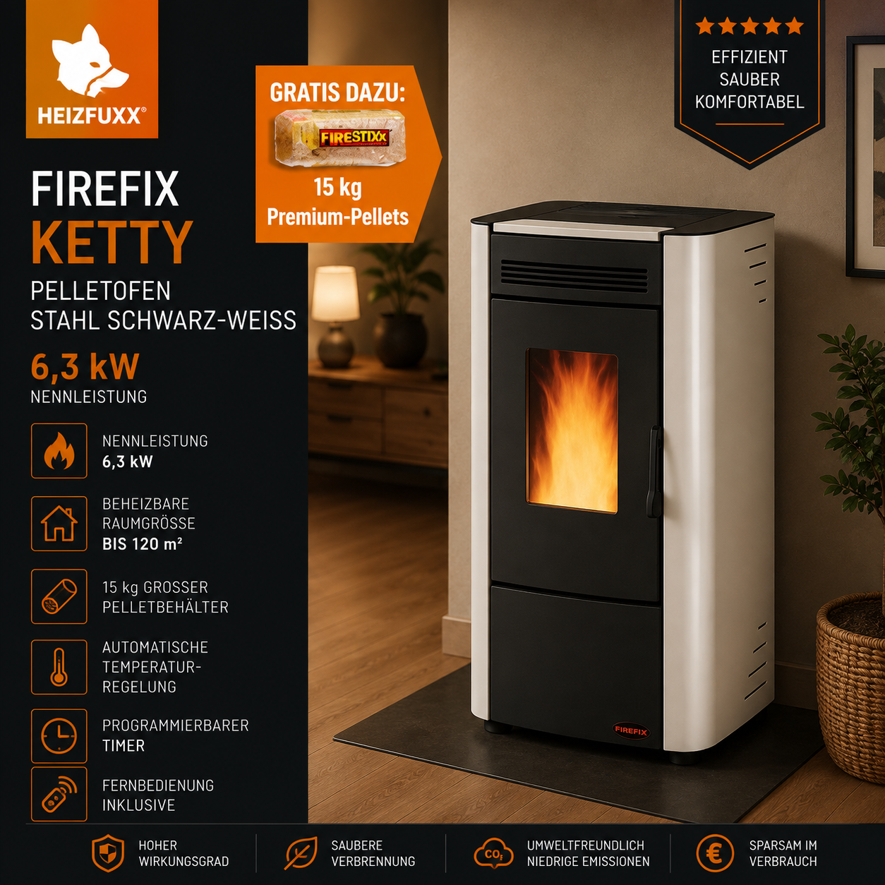 Firefix Pelletofen Ketty Stahl Schwarz-Weiß 6,3 kW