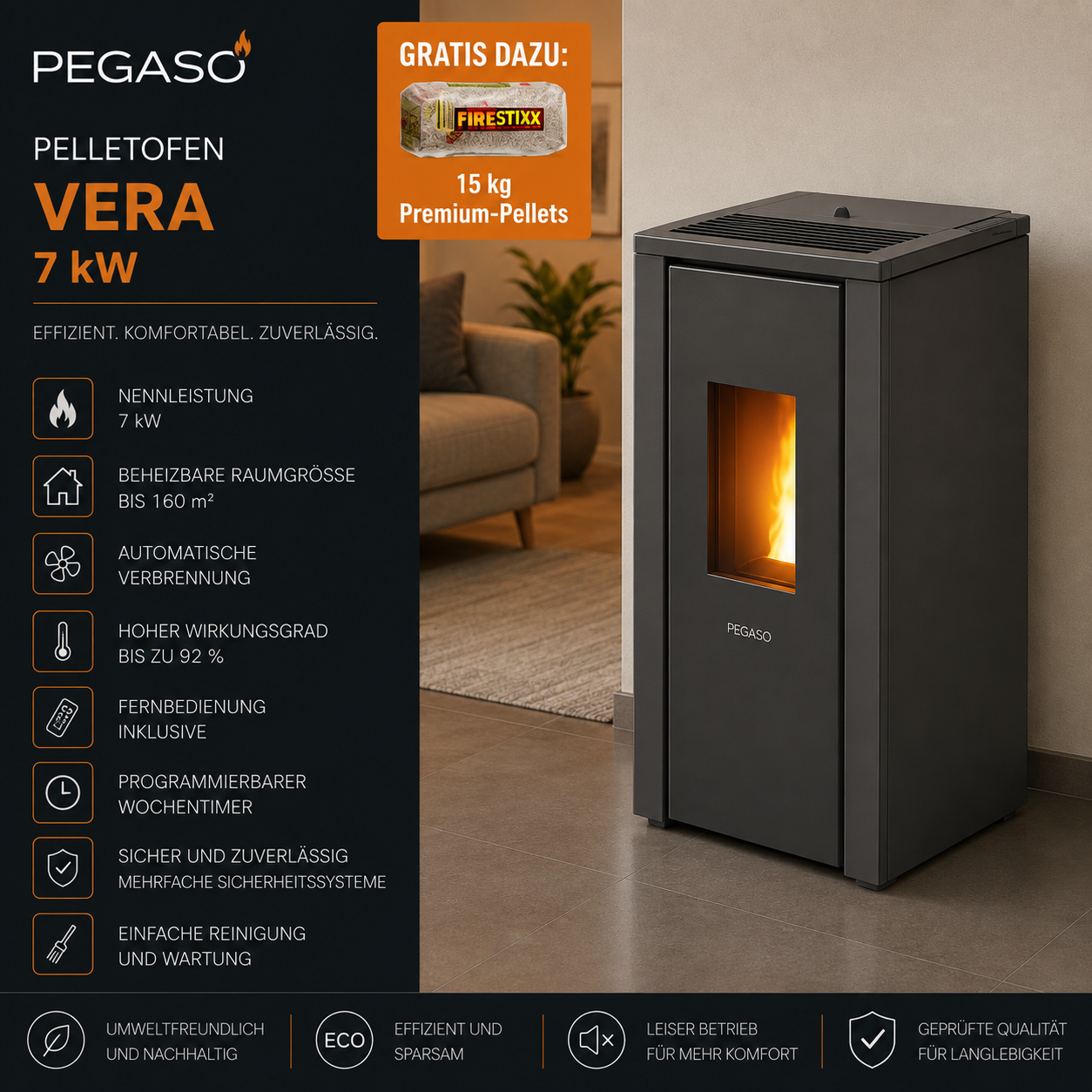 PEGASO Pelletofen Vera Stahl Anthrazit 7 kW mit Automatik