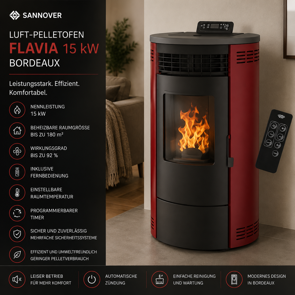 Sannover Luft-Pelletofen Flavia 15 kW Bordeaux