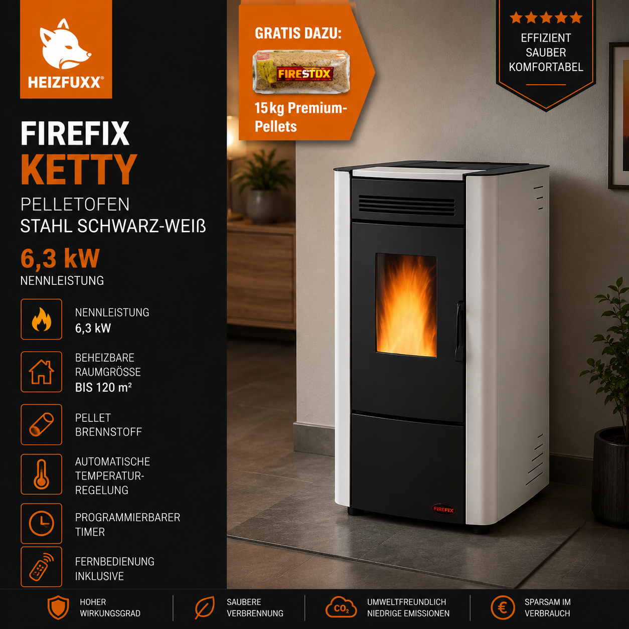 Firefix Pelletofen Ketty Stahl Schwarz-Weiß 6,3 kW