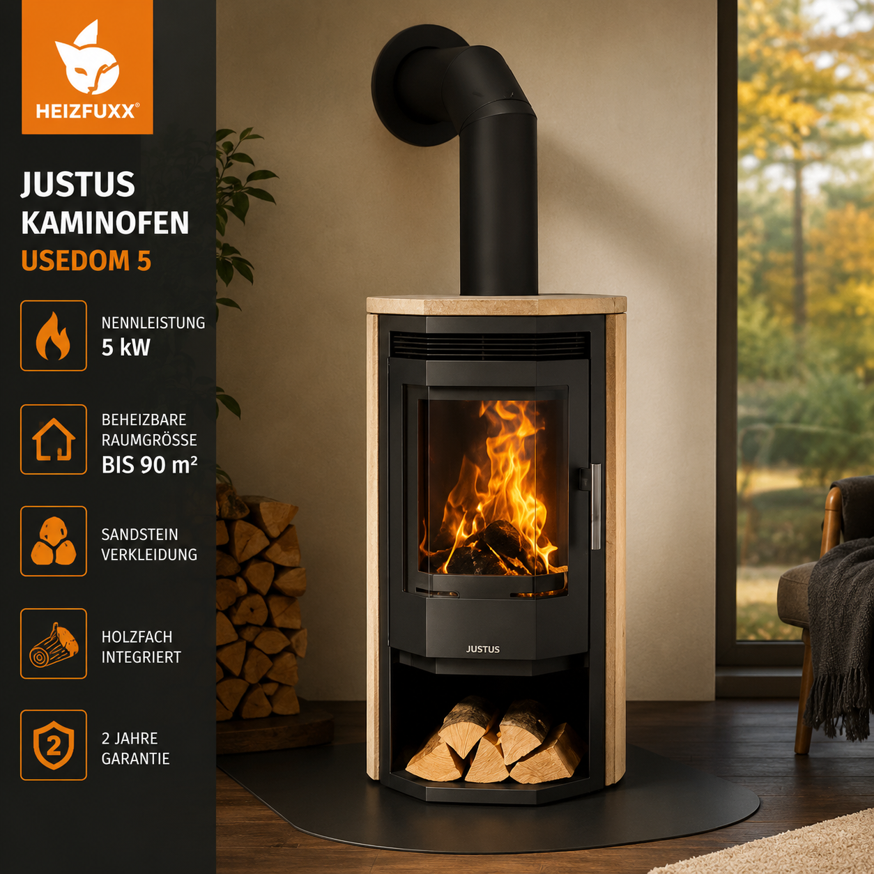 Justus Kaminofen Usedom 5 Schwarz 5 kW Sandsteinverkleidung